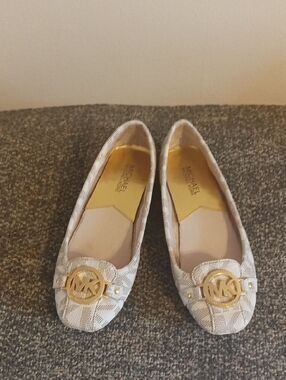 Michael Kors Taupe Signature MK Logo Ballet Flats with Gold Medallions